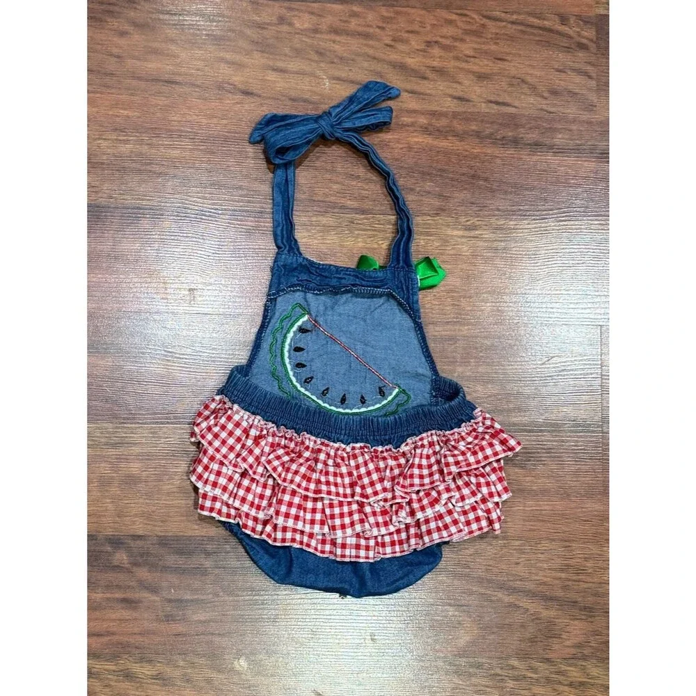 Marie Nicole - Denim Watermelon Romper with Red Gingham Ruffles